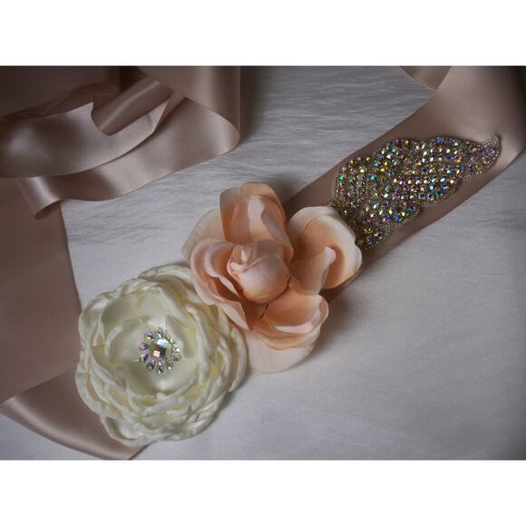 Blush AB Rhinestone Floral Appliqued Bridal Wedding MOB Prom Party Formal Belt - Picture 2 of 6